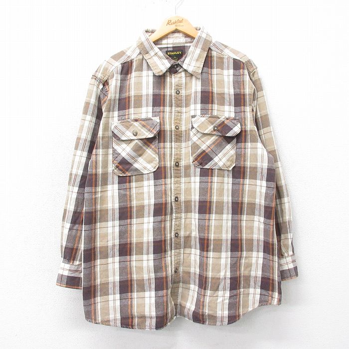 XL★古着 長袖 ヘビー フランネル シャツ メンズ ロング丈 コットン 茶他 ブラウン チェック 25mar12 中古 トップス