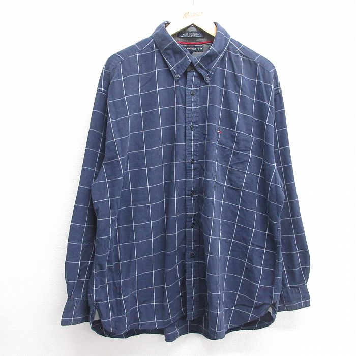 XL★古着 トミーヒルフィガー TOMMY HILFIGER 長袖 ブランド フランネル シャツ メンズ ワンポイントロゴ 大きいサイズ コットン ボタンダウン 紺他 ネイビー チェック 25mar13 中古 トップス