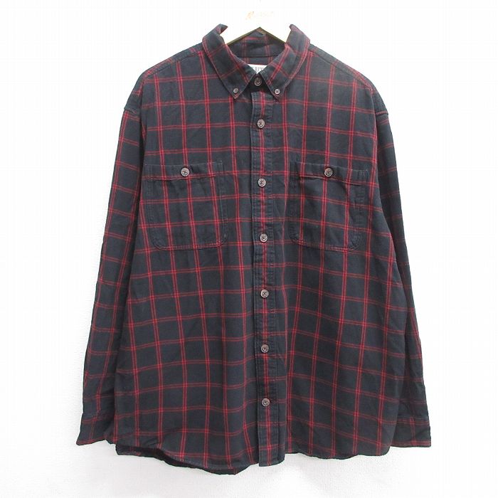 XL★古着 長袖 ヘビー フランネル シャツ メンズ 大きいサイズ コットン ボタンダウン 黒他 ブラック チェック 25mar13 中古 トップス