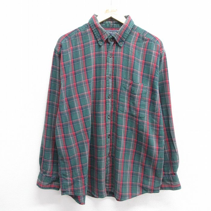 XL★古着 アメリカンイーグル American Eagle 長袖 フランネル シャツ メンズ コットン ボタンダウン 緑他 グリーン チェック 25mar13 中古 トップス