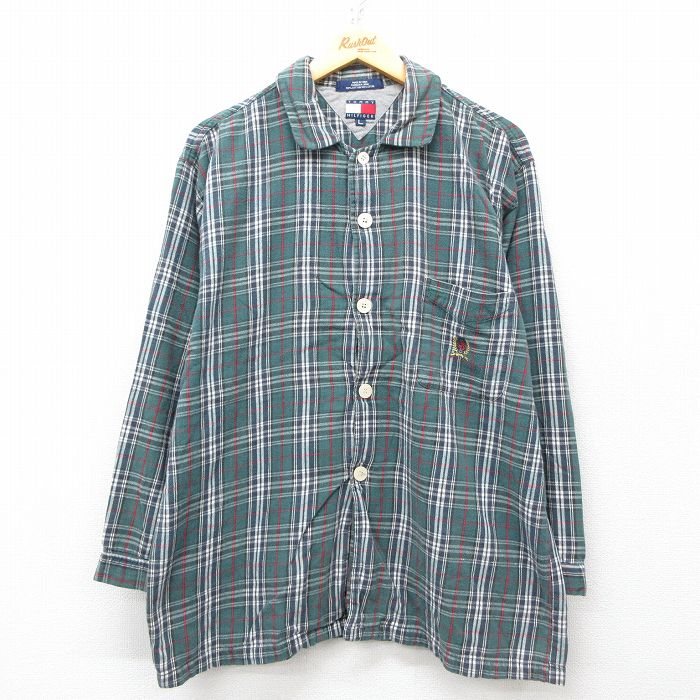 【50%OFF】XL★古着 トミーヒルフィガー TOMMY HILFIGER 長袖 ブランド フランネル パジャマ シャツ メンズ ワンポイントロゴ コットン 緑他 グリーン チェック 25mar18 中古 トップス
