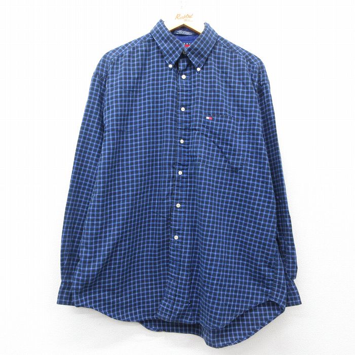 XL★古着 トミーヒルフィガー TOMMY HILFIGER 長袖 ブランド フランネル シャツ メンズ 90年代 90s ワンポイントロゴ 大きいサイズ コットン ボタンダウン 紺他 ネイビー チェック 25mar18 中古 トップス