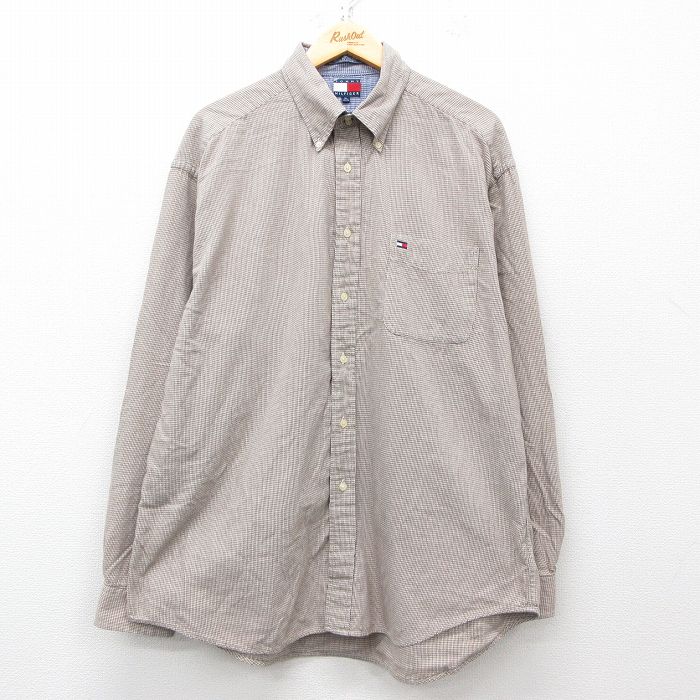 XL★古着 トミーヒルフィガー TOMMY HILFIGER 長袖 ブランド フランネル シャツ メンズ 90年代 90s 千鳥格子 ワンポイントロゴ 大きいサイズ コットン ボタンダウン 茶他 ブラウン チェック 【spe】 25mar18 中古 トップス