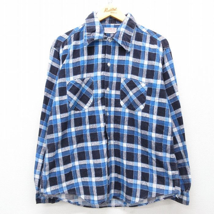 L★古着 長袖 フランネル シャツ メンズ 70年代 70s コットン 紺他 ネイビー チェック 【spe】 25mar18 中古 トップス