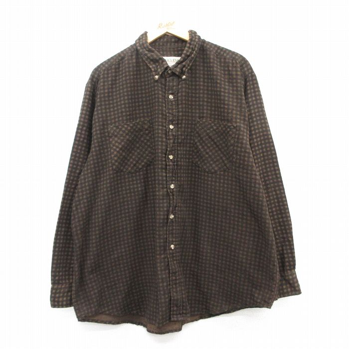 【20%OFF】XL★古着 長袖 フランネル シャツ メンズ 大きいサイズ コットン ボタンダウン 茶他 ブラウン チェック 25mar18 中古 トップス