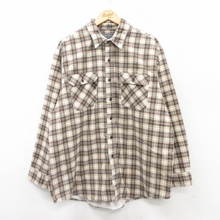 XL★古着 長袖 フランネル シャツ メンズ 90年代 90s 大きいサイズ ロング丈 茶他 ブラウン チェック 25mar18 中古 トップス