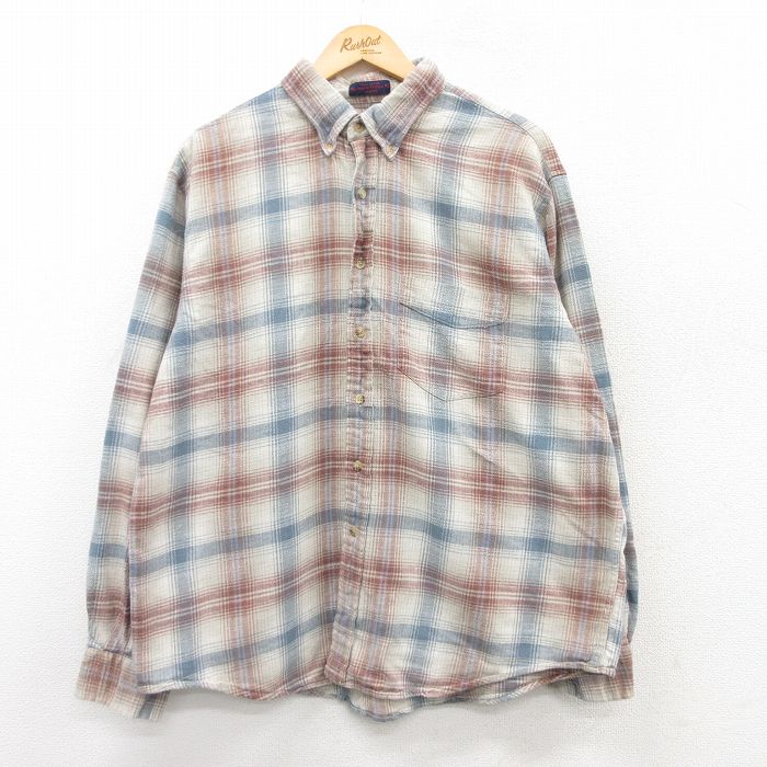 XL★古着 アロー 長袖 フランネル シャツ メンズ 90年代 90s コットン ボタンダウン 薄紺他 ネイビー チェック 25mar18 中古 トップス