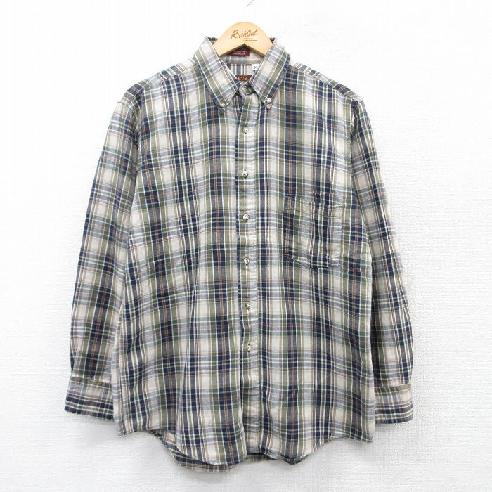 L★古着 長袖 フランネル シャツ メンズ 90年代 90s コットン ボタンダウン USA製 紺他 ネイビー チェック 25mar18 中古 トップス