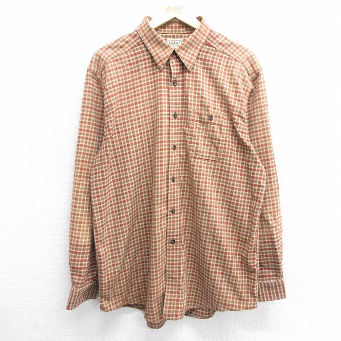 L★古着 エルエルビーン LLBEAN 長袖 フランネル シャツ メンズ 00年代 00s ロング丈 コットン ベージュ他 カーキ チェック 25mar21 中古 トップス