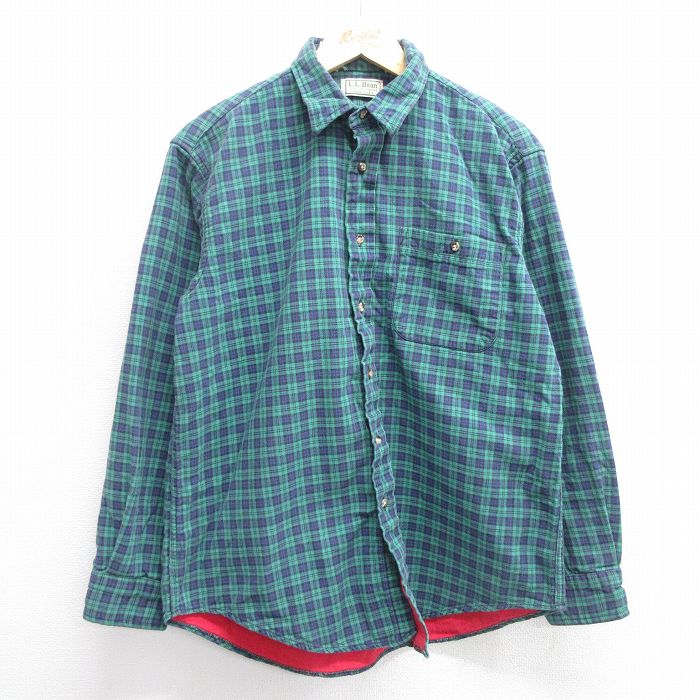 L★古着 エルエルビーン LLBEAN 長袖 フランネル シャツ メンズ 80年代 80s コットン USA製 緑他 グリーン チェック 【spe】 25mar21 中古 トップス