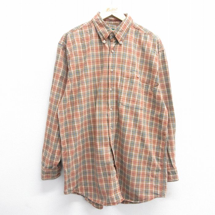 XL★古着 長袖 フランネル シャツ メンズ 大きいサイズ ロング丈 コットン ボタンダウン ベージュ他 カーキ チェック 25mar21 中古 トップス