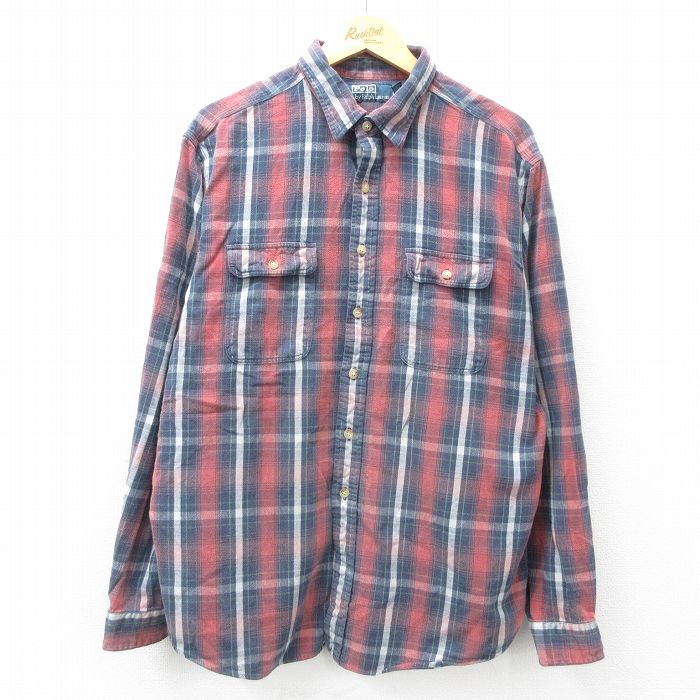 XL★古着 ラルフローレン Ralph Lauren 長袖 ブランド フランネル シャツ メンズ 90年代 90s 大きいサイズ コットン 紺他 ネイビー チェック 25mar21 中古 トップス