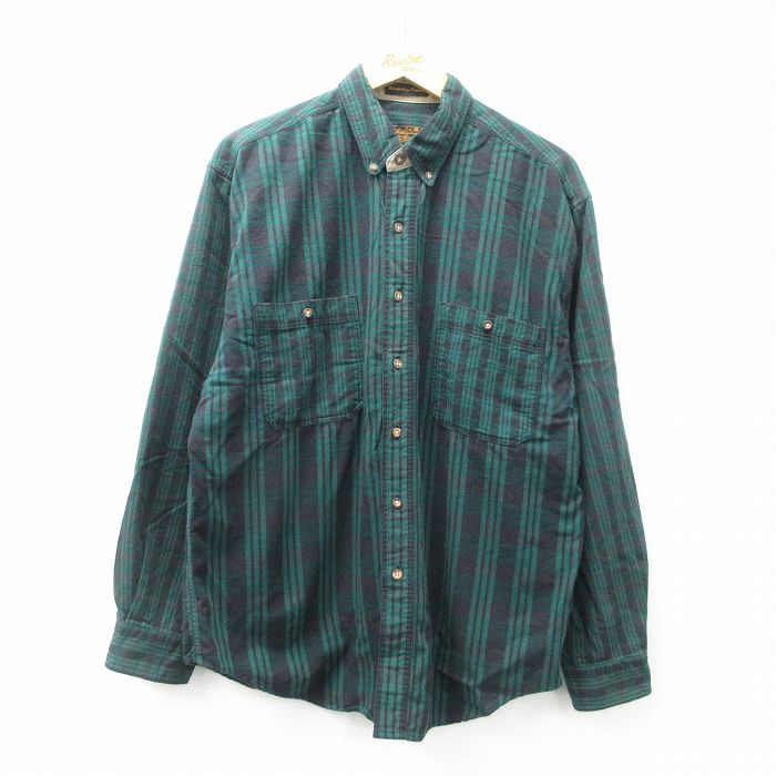 XL★古着 エディーバウアー 長袖 フランネル シャツ メンズ 90年代 90s コットン ボタンダウン 緑他 グリーン チェック 25mar21 中古 トップス