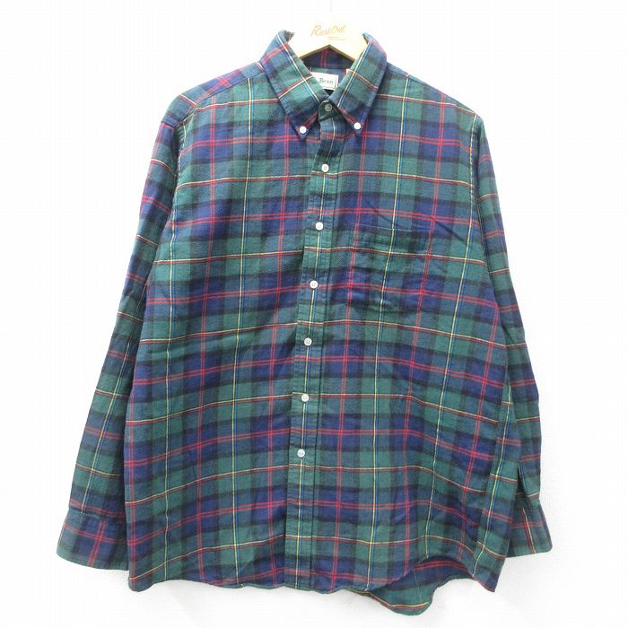 L★古着 エルエルビーン LLBEAN 長袖 フランネル シャツ メンズ 90年代 90s コットン ボタンダウン 緑他 グリーン タータン チェック 25mar21 中古 トップス
