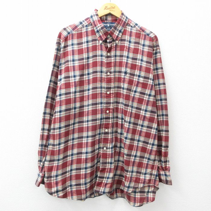 XL★古着 ラルフローレン Ralph Lauren 長袖 ブランド フランネル シャツ メンズ 90年代 90s ワンポイントロゴ BLAKE 大きいサイズ コットン ボタンダウン エンジ他 チェック 【spe】 25mar21 中古 トップス