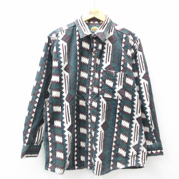XL★古着 カベラス 長袖 ヘビー フランネル シャツ メンズ 90年代 90s ネイティブ柄 ラグ柄 コットン USA製 緑他 グリーン 25mar21 中古 トップス