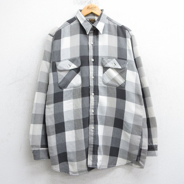 L★古着 ビッグヤンク 長袖 ヘビー フランネル シャツ メンズ 80年代 80s　ロング丈 コットン グレー他 チェック 25mar25 中古 トップス