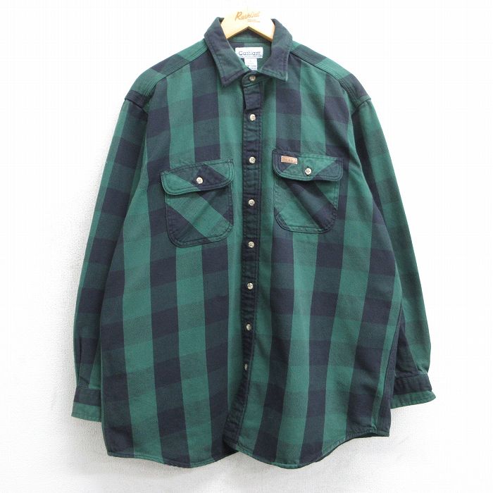XL★古着 カーハート Carhartt 長袖 ヘビー フランネル シャツ メンズ 大きいサイズ ロング丈 コットン 緑他 グリーン チェック 25mar25 中古 トップス