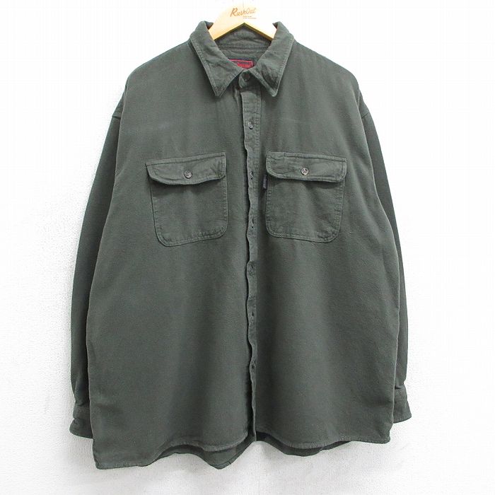 【20%OFF】XL★古着 ファイブブラザー 長袖 ヘビー フランネル シャツ メンズ 大きいサイズ コットン 濃緑 グリーン 25mar25 中古 トップス
