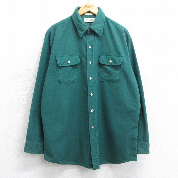 XL★古着 セントジョンズベイ 長袖 ヘビー フランネル シャツ メンズ 90年代 90s 大きいサイズ ロング丈 コットン USA製 緑 グリーン 25mar25 中古 トップス