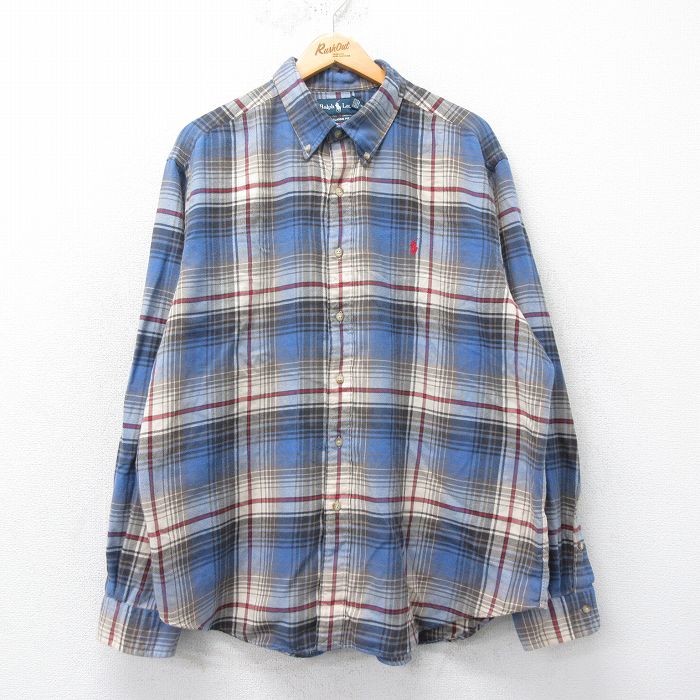 XL★古着 ラルフローレン Ralph Lauren 長袖 ブランド フランネル シャツ メンズ 90年代 90s ワンポイントロゴ 大きいサイズ コットン ボタンダウン 紺他 ネイビー チェック 25mar26 中古 トップス