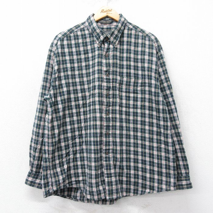 XL★古着 バンヒューセン 長袖 フランネル シャツ メンズ 大きいサイズ コットン ボタンダウン 緑他 グリーン チェック 25mar26 中古 トップス