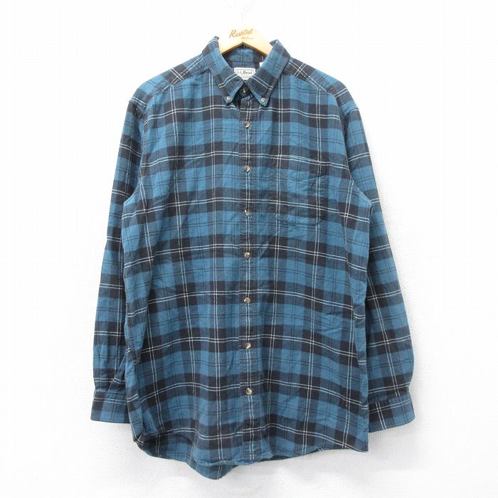 XL★古着 エルエルビーン LLBEAN 長袖 フランネル シャツ メンズ 00年代 00s ロング丈 コットン ボタンダウン 紺系他 ネイビー チェック 25mar26 中古 トップス