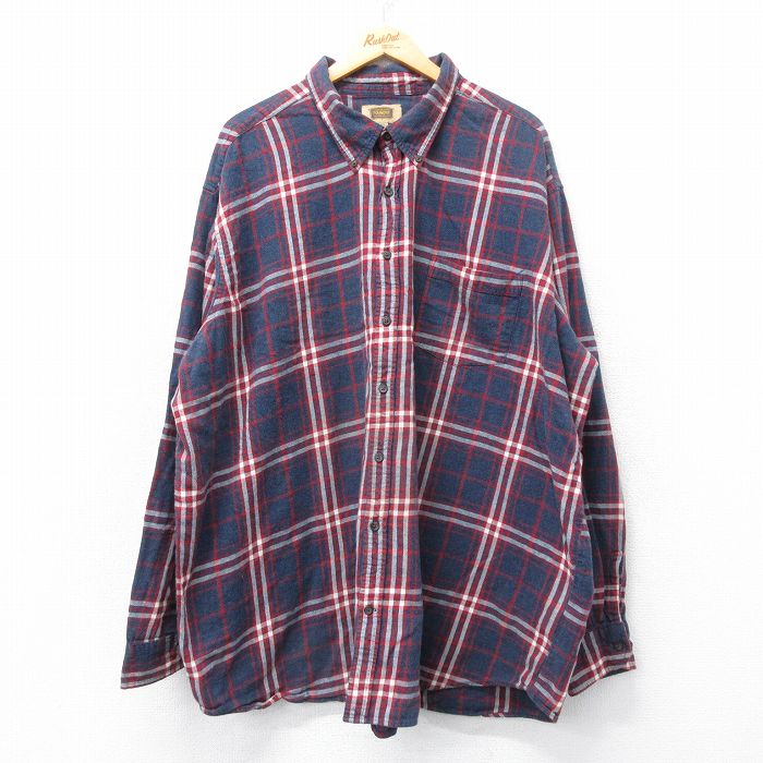 XL★古着 長袖 フランネル シャツ メンズ 大きいサイズ ロング丈 コットン ボタンダウン 紺他 ネイビー チェック 25mar26 中古 トップス