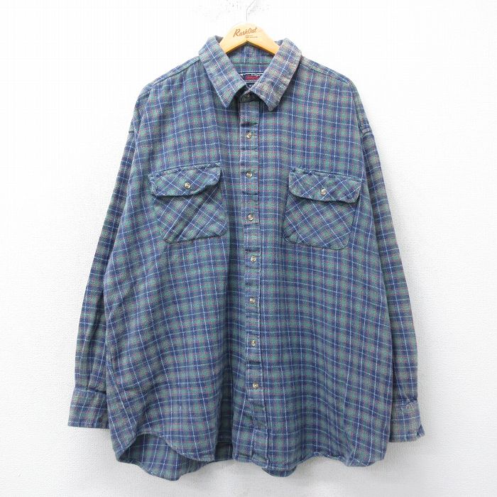 XL★古着 長袖 ヘビー フランネル シャツ メンズ 大きいサイズ ロング丈 コットン 紺他 ネイビー チェック 25mar26 中古 トップス