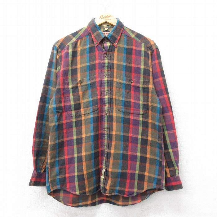 【50%OFF】L★古着 長袖 フランネル シャツ メンズ 90年代 90s コットン ボタンダウン 濃緑他 グリーン チェック 25mar26 中古 トップス