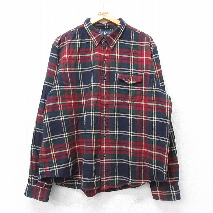 XL★古着 ラルフローレン Ralph Lauren 長袖 ブランド フランネル シャツ メンズ 90年代 90s 大きいサイズ コットン ボタンダウン エンジ他 チェック 【spe】 25mar26 中古 トップス