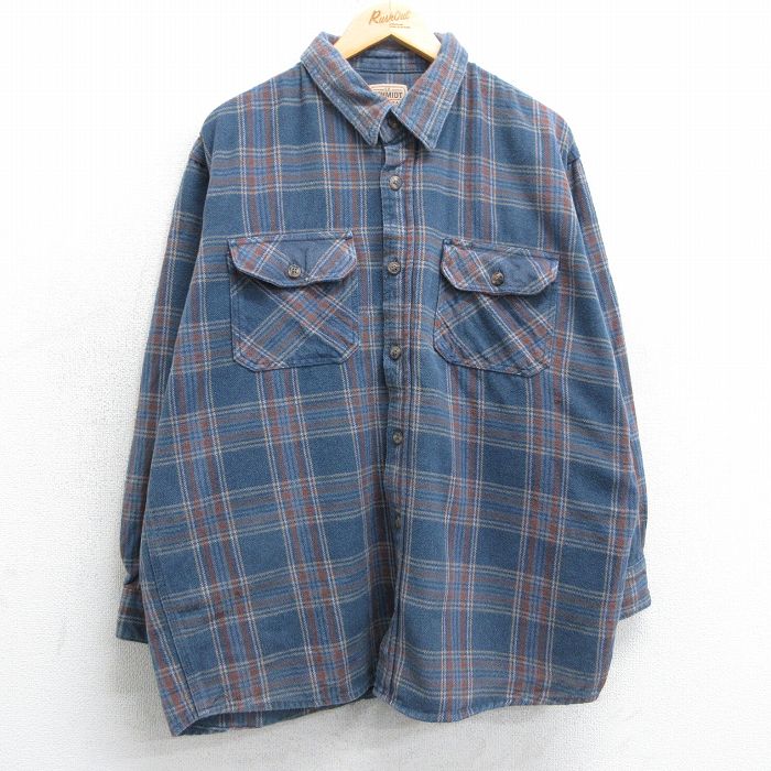 XL★古着 長袖 ヘビー フランネル シャツ メンズ 大きいサイズ コットン 薄紺他 ネイビー チェック 25mar26 中古 トップス
