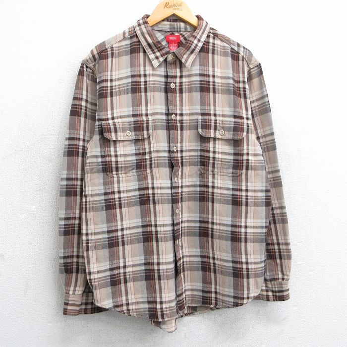 L★古着 長袖 フランネル シャツ メンズ コットン ベージュ他 カーキ チェック 25mar26 中古 トップス