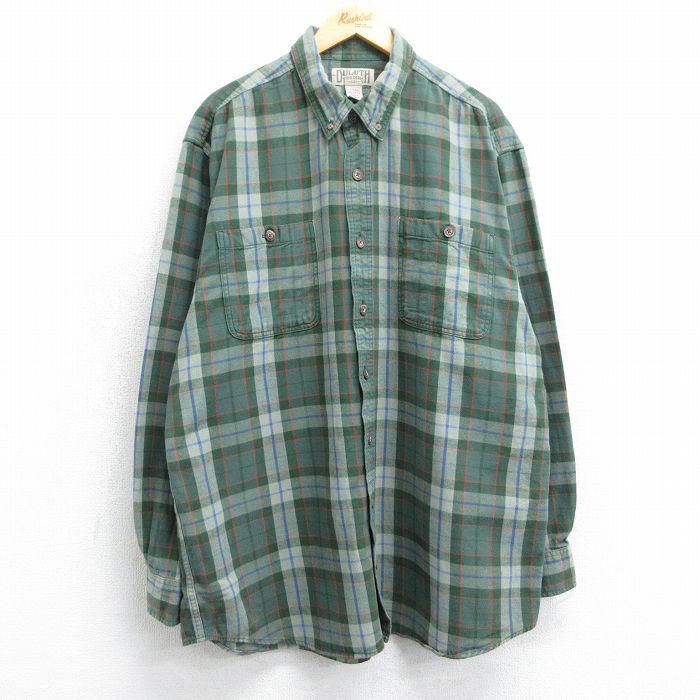XL★古着 長袖 フランネル シャツ メンズ 大きいサイズ ロング丈 コットン ボタンダウン 緑他 グリーン チェック 25mar26 中古 トップス