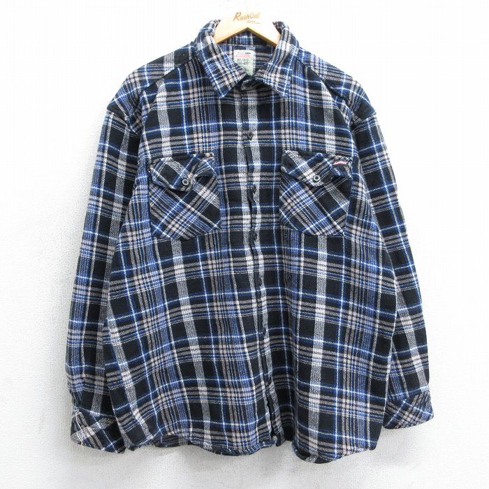 XL★古着 ディッキーズ Dickies 長袖 ヘビー フランネル シャツ メンズ コットン 黒他 ブラック チェック 25mar26 中古 トップス