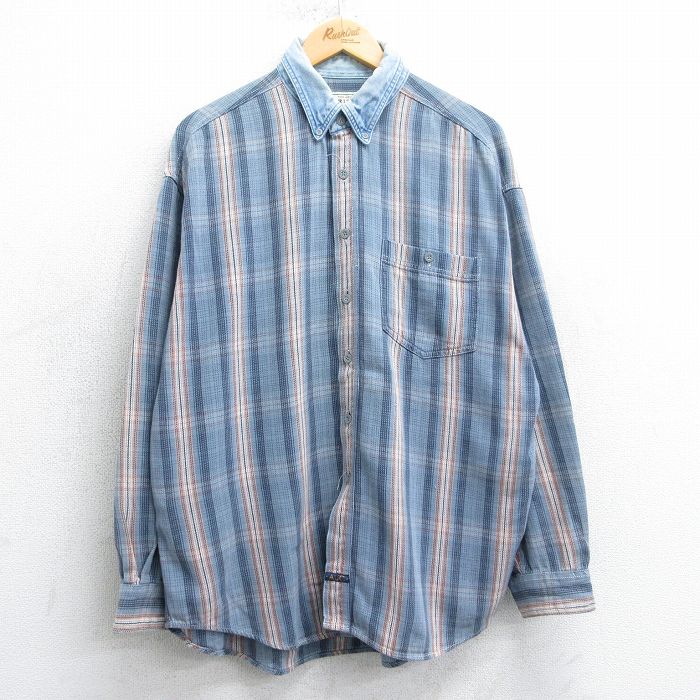 XL★古着 アリゾナジーンズ 長袖 フランネル シャツ メンズ 00年代 00s 襟デニム コットン ボタンダウン 薄紺他 ネイビー チェック 25mar26 中古 トップス