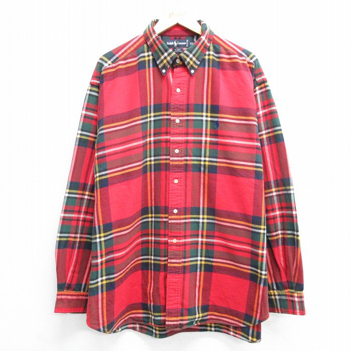 XL★古着 ラルフローレン Ralph Lauren 長袖 ブランド フランネル シャツ メンズ 90年代 90s ワンポイントロゴ BLAIRE 大きいサイズ ロング丈 コットン ボタンダウン 赤他 レッド チェック 25mar28 中古 トップス