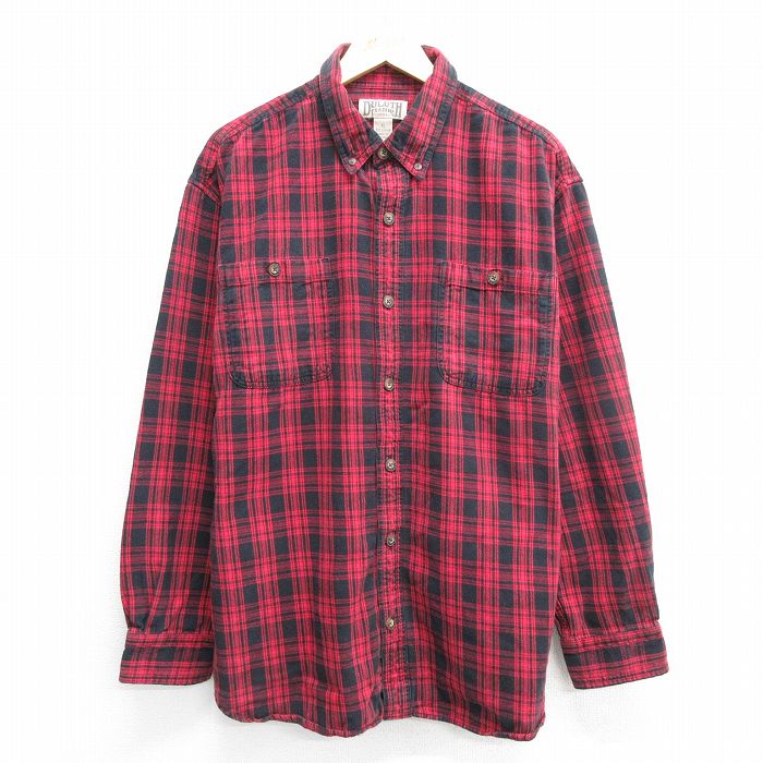 XL★古着 長袖 フランネル シャツ メンズ 大きいサイズ コットン ボタンダウン 黒他 ブラック チェック 25mar28 中古 トップス