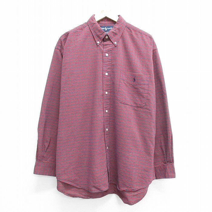 XL★古着 ラルフローレン Ralph Lauren 長袖 ブランド フランネル シャツ メンズ 90年代 90s ワンポイントロゴ BIG SHIRT 大きいサイズ コットン ボタンダウン 紺他 ネイビー チェック 【spe】 25mar28 中古 トップス