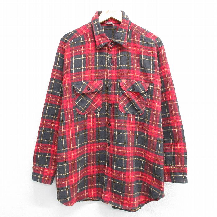 XL★古着 ELY 長袖 ヘビー フランネル シャツ メンズ 大きいサイズ ロング丈 赤他 レッド チェック 25mar28 中古 トップス