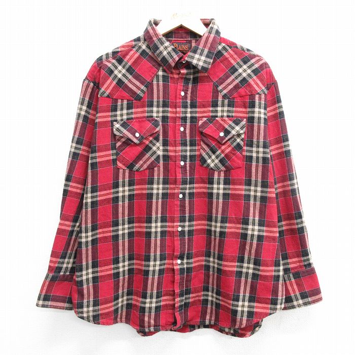 XL★古着 長袖 ウエスタン フランネル シャツ メンズ 大きいサイズ コットン エンジ系他 チェック 25mar28 中古 トップス