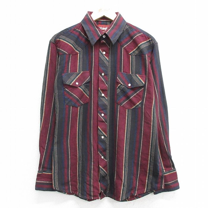 L★古着 ラングラー Wrangler 長袖 ウエスタン フランネル シャツ メンズ コットン エンジ他 ストライプ 25mar28 中古 トップス