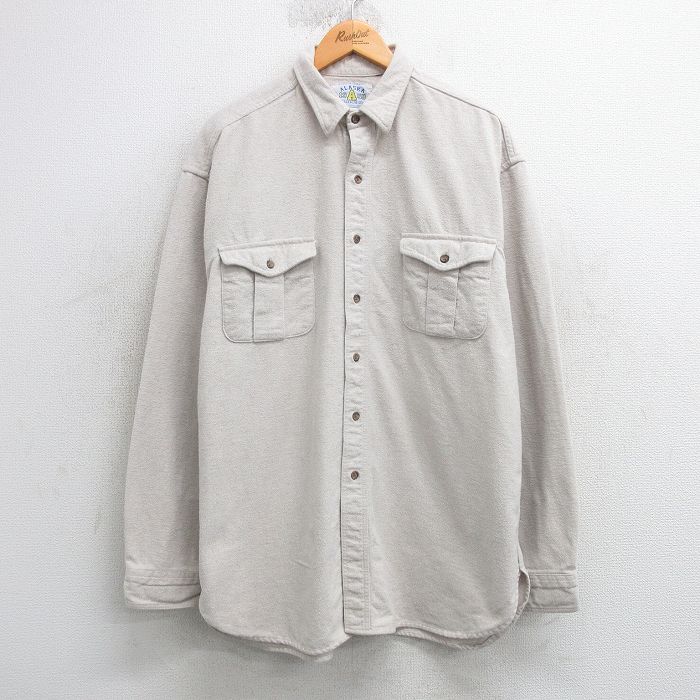 XL★古着 長袖 ヘビー フランネル シャツ メンズ 大きいサイズ ロング丈 コットン 薄ベージュ カーキ 25mar28 中古 トップス