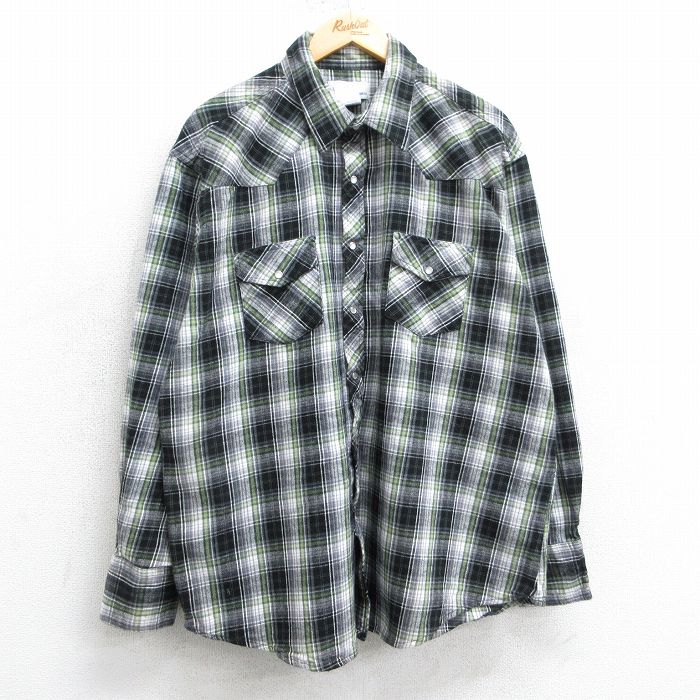 XL★古着 ラングラー Wrangler 長袖 ウエスタン フランネル シャツ メンズ 大きいサイズ コットン 黒他 ブラック チェック 25mar31 中古 トップス