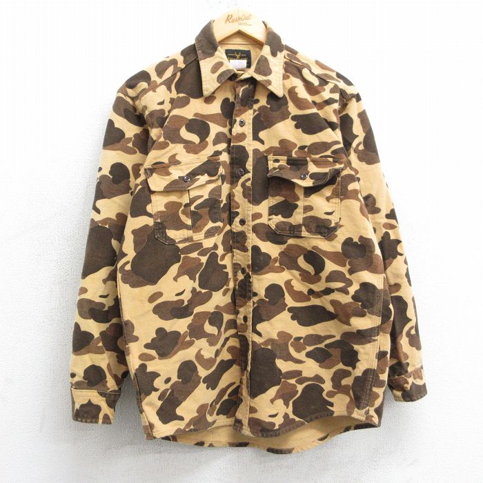 L★古着 長袖 ヘビー フランネル シャツ メンズ 90年代 90s ダックハンターカモ コットン USA製 ベージュ系他 カーキ 迷彩 【spe】 25mar31 中古 トップス