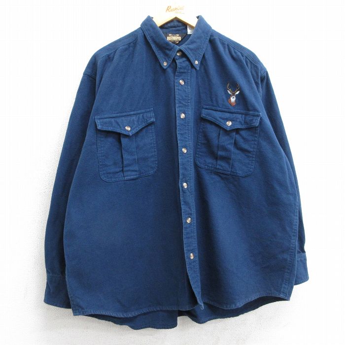XL★古着 長袖 ヘビー フランネル シャツ メンズ 00年代 00s シカ 大きいサイズ ボタンダウン 紺 ネイビー 25mar31 中古 トップス