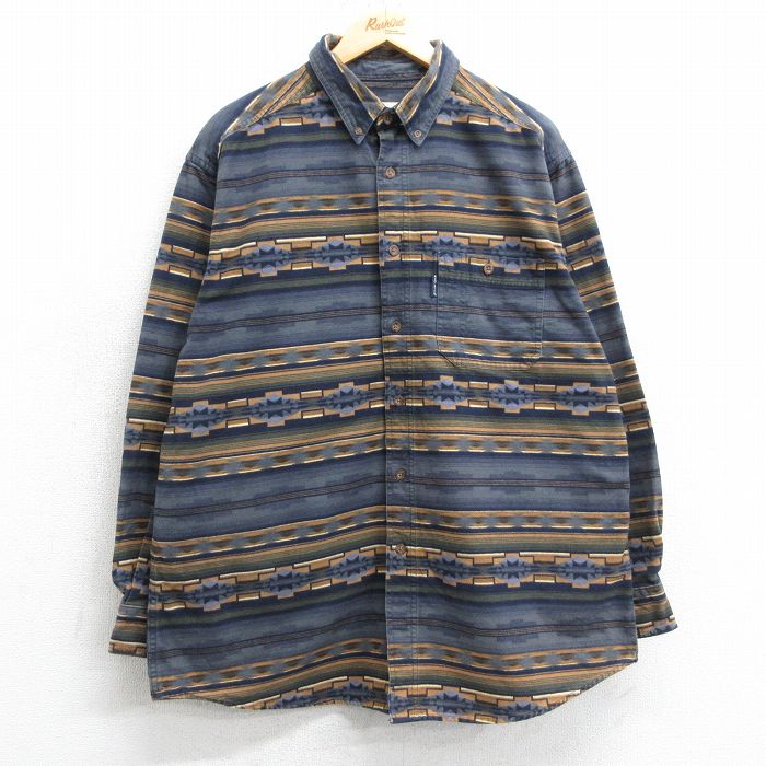 XL★古着 ウールリッチ WOOLRICH 長袖 ヘビー フランネル シャツ メンズ ネイティブ柄 ラグ柄 大きいサイズ ロング丈 コットン ボタンダウン 紺他 ネイビー ボーダー 【spe】 25mar31 中古 トップス