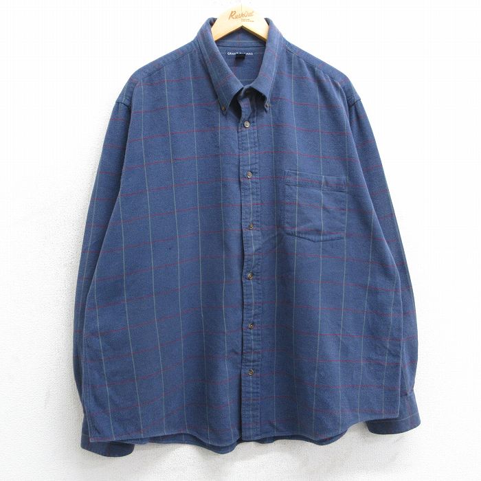 XL★古着 長袖 フランネル シャツ メンズ 大きいサイズ コットン ボタンダウン 紺他 ネイビー チェック 25mar31 中古 トップス
