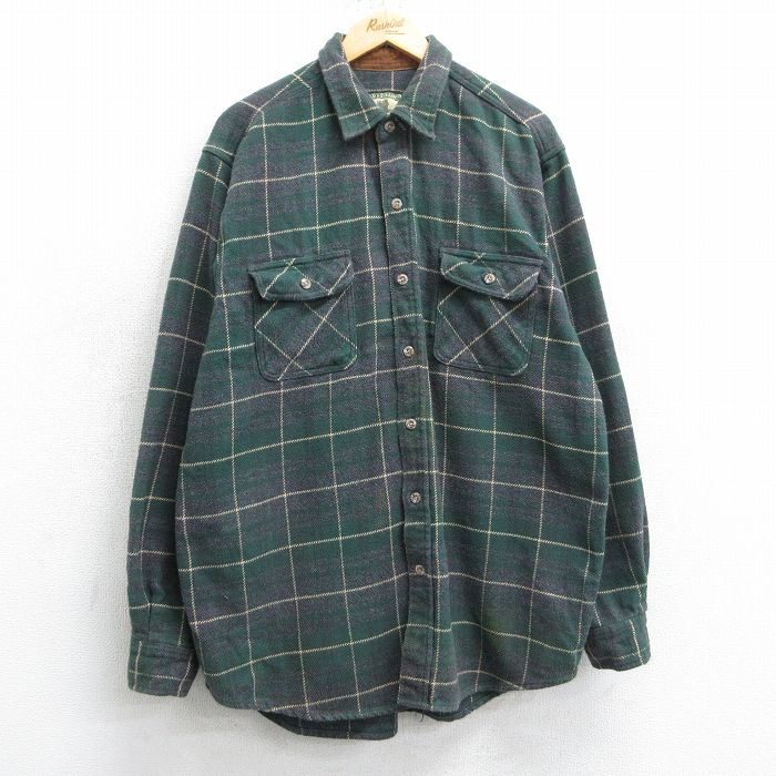 XL★古着 長袖 ヘビー フランネル シャツ メンズ 00年代 00s ロング丈 コットン 緑他 グリーン チェック 25mar31 中古 トップス