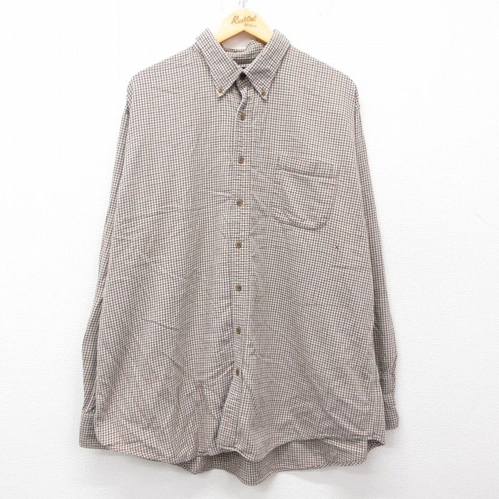 XL★古着 ランズエンド 長袖 フランネル シャツ メンズ 00年代 00s 大きいサイズ ロング丈 コットン ボタンダウン 茶他 ブラウン チェック 25apr01 中古 トップス